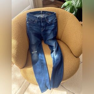 7 For All Mankind Blue Skinny Jeans with Knee Distress